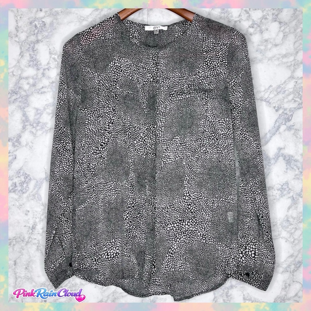 OVI 90s Sheer Polka Dot Black White Button Up Roll Tab Sleeve Blouse Women’s M